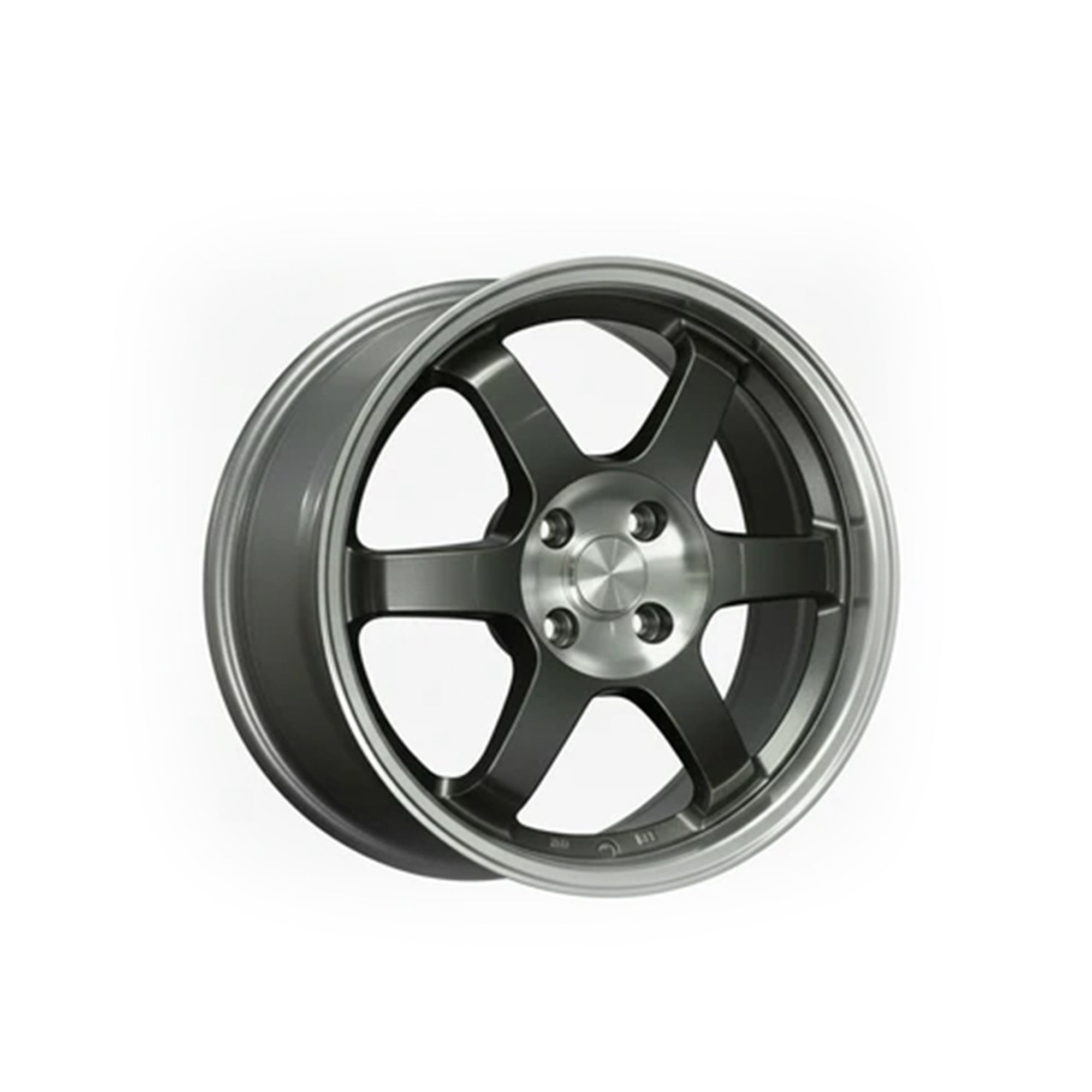 6-spoke Gun Gray Machine Flow-Form wheel by WheelWorkCustoms, showcasing intricate design and a sleek finish.