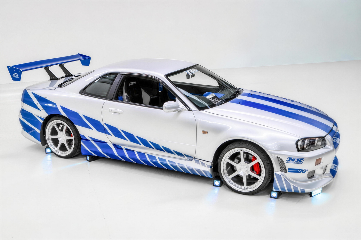 Silver and blue Nissan Skyline R34 GT-T on silver six-spoke WWC forged wheels