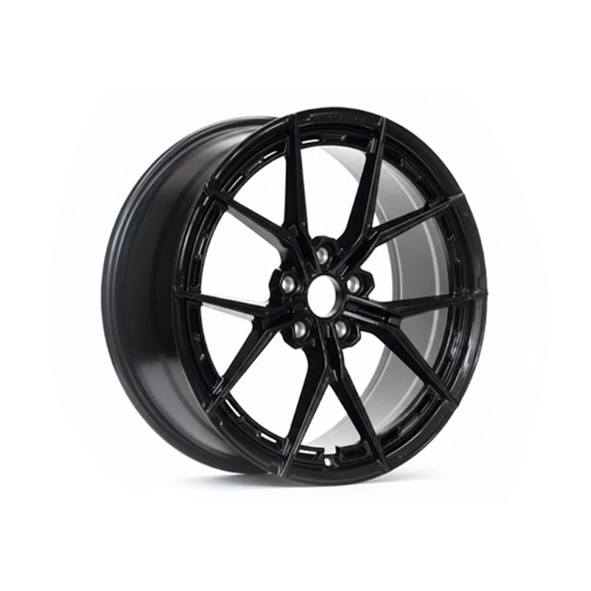 WheelWorkCustoms WWC VFX Split-Spoke Flow-Form Wheel in glossy black finish, showcasing the sleek, modern design and intricate spoke pattern.