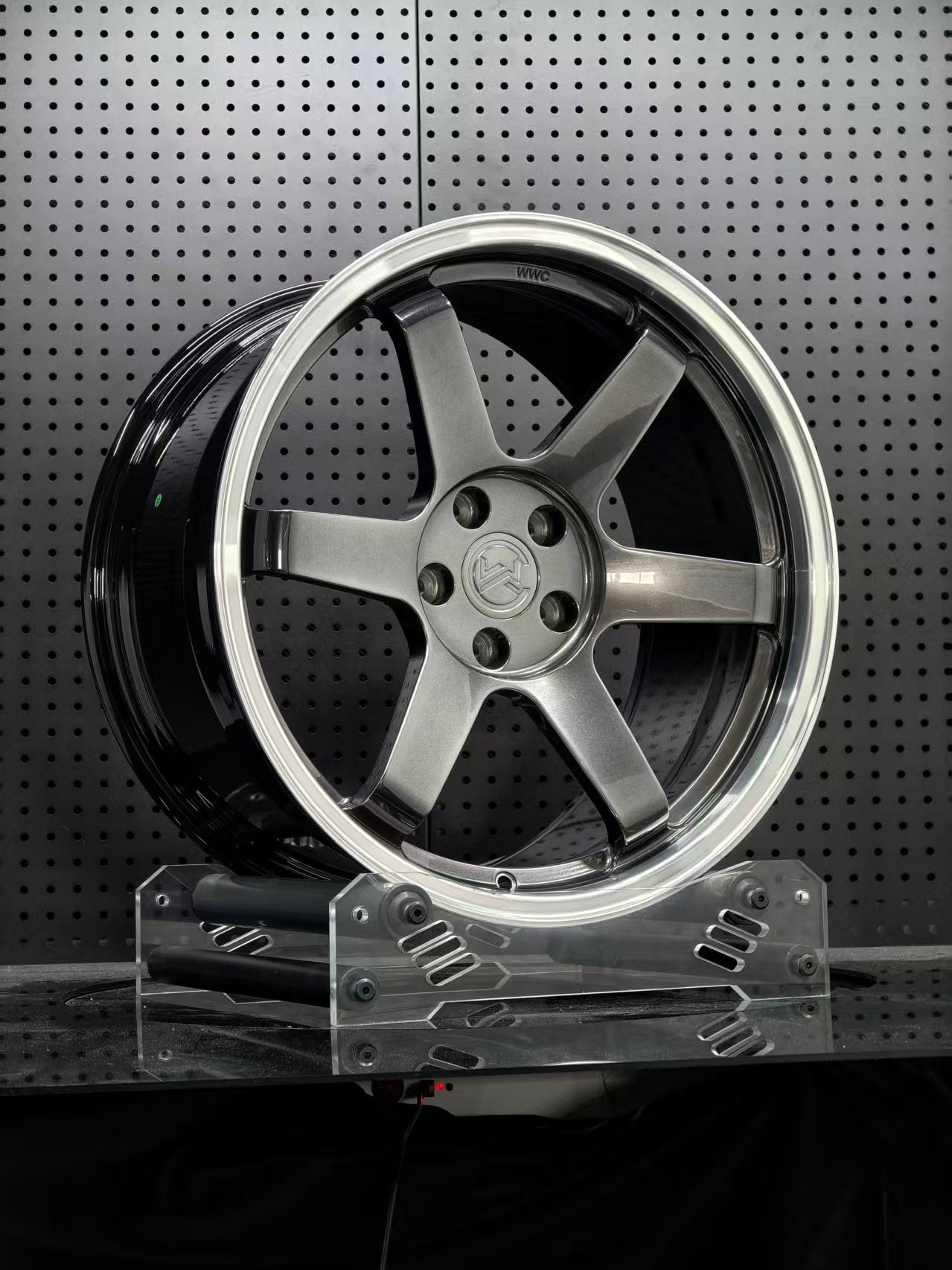 Custom forged WWC 6-spoke Motorsport wheels by WheelWorkCustoms, featuring a sleek, high-performance design for cars.